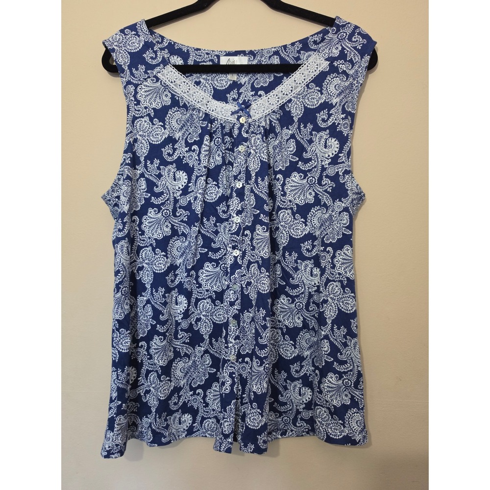 Aria Pajama Top Blue White Paisley Cotton Sleeveless Button Front Lace Trim L